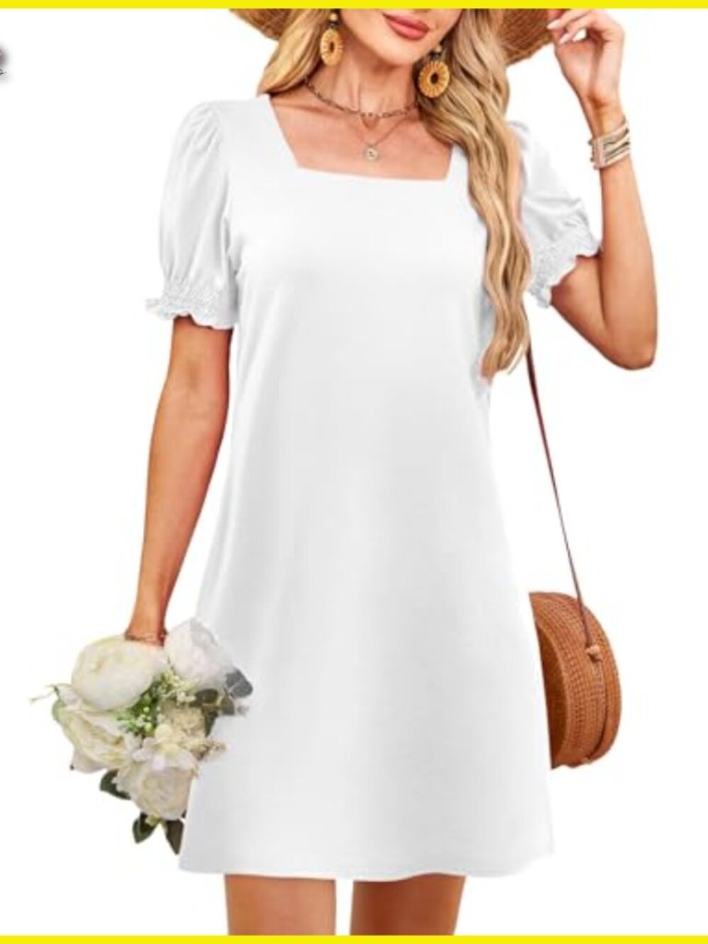 Square Neck Puff Sleeve Casual Dress with Pockets Chic Summer Wear - Picture 4 of 5